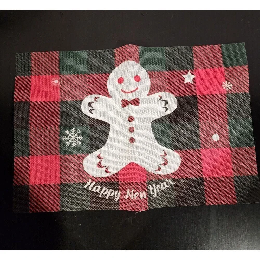 Christmas Buffalo‎ Plaid Placemats Set of 4 Red Green Reindeer Gingerbread Tree